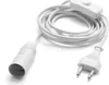 A white lamp cord with a European plug, an inline switch, and an E14 socket, laid out on a white background. Produktbild-Vorschau