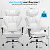 Two views of a white ergonomic office chair with dimensions and weight capacity indicated. Náhľad obrázku produktu