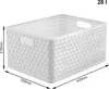 A white plastic storage basket with dimensions indicated. Voir les images du produit