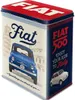 A tin box with a vintage Fiat 500 design, featuring images of the car and Italian landmarks. Anteprima dell’immagine prodotto