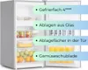 Interior view of a refrigerator with labels highlighting its features. Produktbild-Vorschau