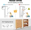 This image is a collage showing the importance of an anti-tipping device for furniture, with a comparison of a stable cabinet versus a tipping one, and then showing the actual product. Podgląd zdjęcia produktu