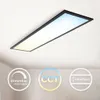 A rectangular LED panel light mounted on a white ceiling, with icons below indicating features. Produktbild-Vorschau
