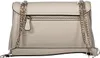 The back view of a white crossbody handbag with a chain strap and a zippered pocket. Produktbild-Vorschau
