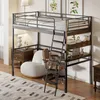 A loft bed with a desk and shelves underneath, set up in a bedroom. Produktbild-Vorschau