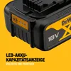 A close-up of a black and yellow DEWALT 18V lithium-ion battery pack with a yellow indicator light panel and text overlays. Produktbild-Vorschau