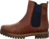 A side view of a brown Chelsea boot with a blue elasticated side panel. Produktbild-Vorschau