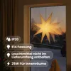 A decorative star lantern hanging in a window at dusk, with text overlays providing product specifications. Podgląd zdjęcia produktu