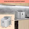 A silver ice maker is shown on a kitchen counter, with a smaller inset image showing its dimensions. Produktbild-Vorschau