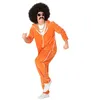 A man wearing an orange tracksuit and an afro wig, posing against a white background. Produktbild-Vorschau