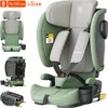 A collage of images showing a green and gray child car seat from different angles, including a close-up of the harness and a view of the ISOFIX connectors. Náhled obrázku produktu