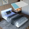 A modern bedroom with a white LED bed and a mattress overlay. Produktbild-Vorschau