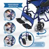 Instructional image showing how to attach and detach footrests on a blue wheelchair. Anteprima dell’immagine prodotto