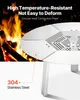 A close-up view of a metal heat diffuser for a fire pit, with flames in the background and text highlighting its features. Produktbild-Vorschau