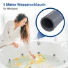 A woman in a bathrobe is reaching into a whirlpool bathtub filled with water and citrus slices. A close-up of a gray hose is shown in a circle in the upper right corner. Produktbild-Vorschau