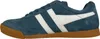 A side view of a blue suede sneaker with white stripes and a brown rubber sole. Anteprima dell’immagine prodotto