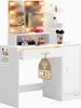 A white vanity table with a mirror and LED lights, featuring makeup and accessories. Produktbild-Vorschau