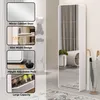 A tall, slim white shoe cabinet with a mirrored door is shown in a room setting, with inset images highlighting its features. Podgląd zdjęcia produktu