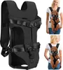 A collage of images showing a black dog carrier backpack, with two inset images of women wearing the carrier with a dog inside. Produktbild-Vorschau