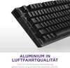 A close-up of a black keyboard with text overlay describing its features. Produktbild-Vorschau