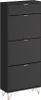 A tall, narrow black shoe cabinet with three flip-down drawers and gold handles, standing on thin gold legs. Podgląd zdjęcia produktu