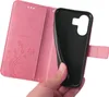 A hand holding a pink floral flip phone case, showing the inside of the case with card slots and the phone holder. Produktbild-Vorschau