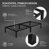 A black metal bed frame with text overlays describing its features. Náhled obrázku produktu