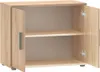 A light brown wooden cabinet with two doors and two shelves, shown from the front with the doors open. Produktbild-Vorschau