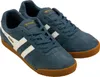 A pair of blue Gola sneakers with white stripes and a brown sole, shown on a white background. Anteprima dell’immagine prodotto