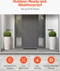 A modern entryway with two large planters flanking a gray door, with marketing icons and text below. Voir les images du produit