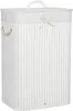 A white laundry basket made of bamboo slats with a fabric lid and rope handles. Produktbild-Vorschau