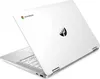 A white HP Chromebook x360 laptop is shown from a diagonal angle, with the lid open. Produktbild-Vorschau