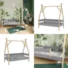 A collage of images showing a children's bed with a teepee frame, set in a room with tropical-themed wallpaper. Produktbild-Vorschau