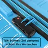 A close-up of a blue suitcase with a TSA lock and zippers. Produktbild-Vorschau