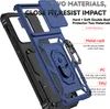 A disassembled blue and black phone case with various features highlighted by text overlays. Produktbild-Vorschau