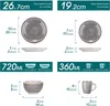 Diagrams showing the dimensions and capacities of various pieces of tableware, including plates, bowls, and mugs. Produktbild-Vorschau