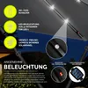 A diagram illustrating the features of a solar-powered umbrella, with close-ups of the switch and solar panel. Anteprima dell’immagine prodotto