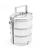 A three-tier stainless steel tiffin carrier with a handle and clasp closure, presented against a white background. Podgląd zdjęcia produktu