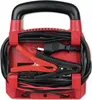 A top-down view of a red battery charger with black cables and clamps neatly wrapped around it. Produktbild-Vorschau