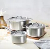 A set of three stainless steel pots with lids are arranged on a wooden surface, with a decorative vase and dried flowers in the background. Náhled obrázku produktu