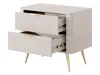 A beige nightstand with two drawers pulled out, showing gold handles and metal legs, against a white background. Náhled obrázku produktu