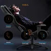 A man is relaxing in a gaming chair, with several circular diagrams highlighting features of the chair. Podgląd zdjęcia produktu