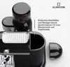 A close-up view of a black espresso machine with a coffee grinder on top, and a text box describing its features. Produktbild-Vorschau