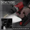 A person is holding a cordless drill with a light on, and there is a smaller inset image of someone using a drill. Náhled obrázku produktu