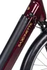A close-up view of an electric bicycle's frame, battery, and front wheel. Produktbild-Vorschau
