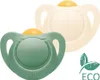 Two NUK pacifiers, one green and one cream colored, are shown against a white background. An 'ECO' leaf logo is visible in the lower right corner. Produktbild-Vorschau