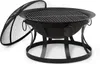 A black metal fire pit with a grill grate and a mesh lid resting on a white background. Náhled obrázku produktu