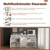 A marketing image showing a white sideboard with gold accents, featuring multiple compartments and drawers, with kitchen appliances and decorative items displayed on top. Voir les images du produit