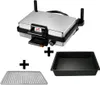 A product shot showing a multi-grill with two accessories, a baking pan and a grill rack, connected by plus signs. Produktbild-Vorschau
