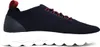 A side view of a blue and white sneaker with red laces. Produktbild-Vorschau